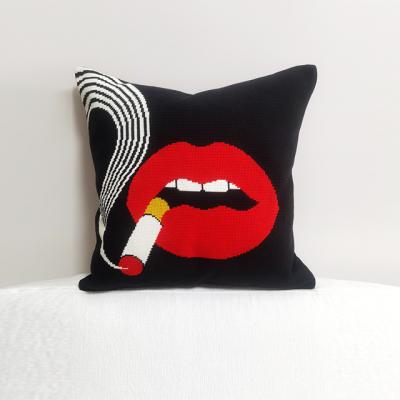 China Handmade Abstract Sexy Lip Needlepoint Embroidery Morden Style Home Decorative Pillow Shape for sale