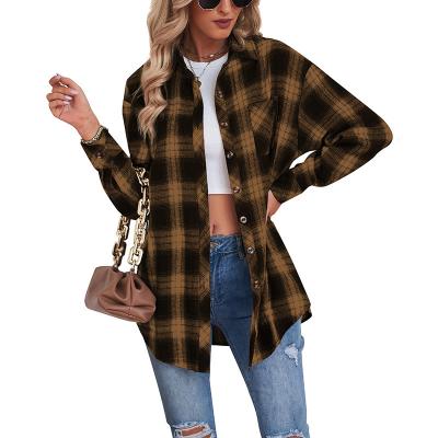 China Amazon Shopee Anti-Wrinkle Success Factory Price Women's Long Sleeve Collar Button Down Plaid Shirt Blouse Tops for sale