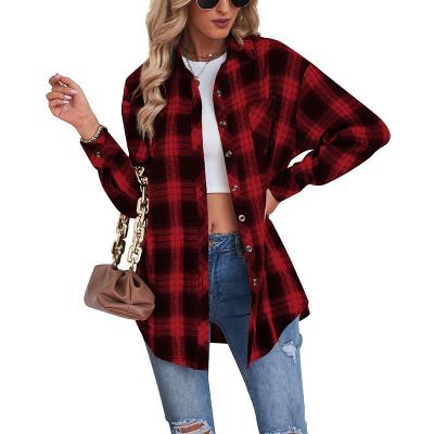 China Amazon Shopee Factory Price Women's Long Sleeve Breathable Long Sleeve Collar Button Down Plaid Shirt Blouse Tops for sale