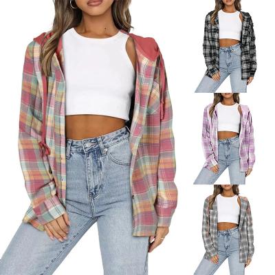 China Amazon Shopee Wholesale Women's Long Sleeve Drawstring Breathable Hooded Blouse Plaid Button Down Work Hoodie Shirt Top Jackets for sale