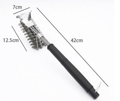 China New PP Stainless Steel Spring Three Head BBQ Brush With Scraper BBQ Cleaning Brush Wire Brush BBQ Tool for sale