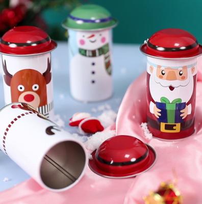 China Gift & Craft Competitive Cheap Christmas promotion gift lovely snowman Penguin Santa Claus tin can with wide hat lid cover 70x115mm for sale