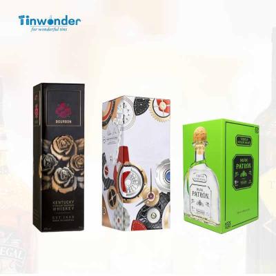 China Beverage Custom design top quality rum gin whiskey brandy vodka champagne wine bottle packaging straight corner square tin box canisters for sale