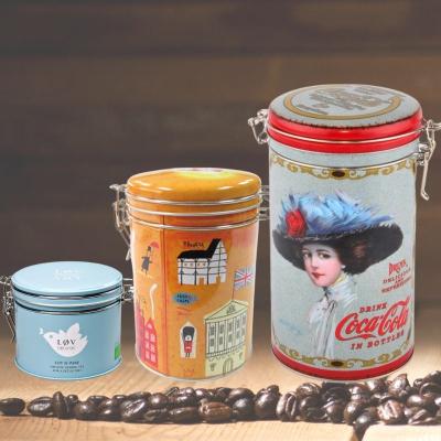 China Beverage food safe air tight metal tin canister with clip lid for coffee cocoa powder metal coffee tin can with clasp wire lock for sale