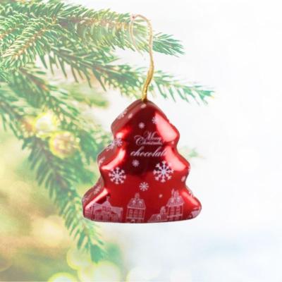 China Food Christmas gift tin box custom tree tin box with hanging ribbon string hanging small tree tins for sale