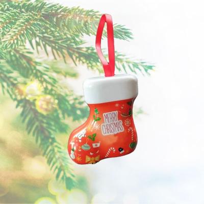 China Food Christmas gift tin box custom Christmas stocking tin box with hanging ribbon string hanging small boot tins for sale