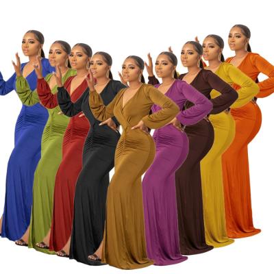 China 2021 Spring Breathable Women Clothes Casual Long Sleeve Solid Color V-Neck Slit Pleated Maxi Dress Solid Fitted Womens Ruched Dress for sale