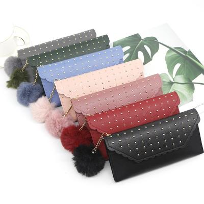 China Anti-theft Women Clutches For Wedding/Parties Rivet Hair Ball Solid Color Coin Purse Fashion Long Wallet Ladies Card Holder Leather Wallets for sale