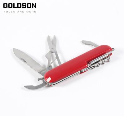 China Slide Open Folding Swiss Line Plastic Handle Knife with 9 Accessories for sale