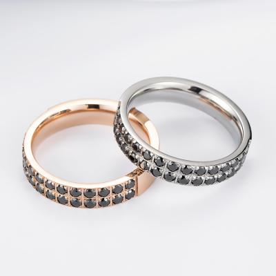 China TRENDY High End Stainless Steel Rose Gold Women's Fashion Double Row Black Zircon Ring for sale