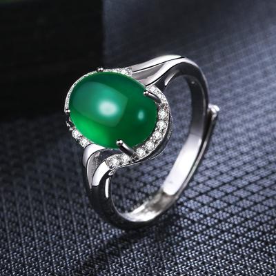 China Vintage Wholesale S925 Silver Chalcedony Ring Natural Emerald Ethnic Style Crafting Adjustable Ring for sale