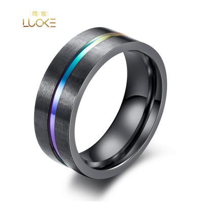 China TRENDY Wholesale Black Fashion Wedding Rings Rainbow Line Men Women Stainless Steel Ring Jewelry for sale