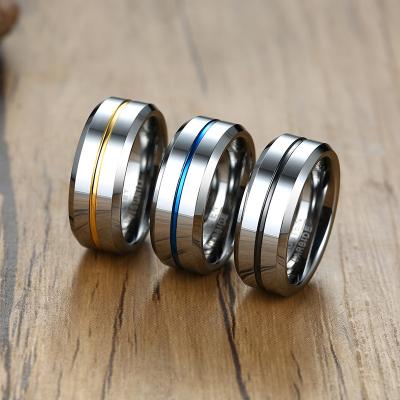 China FASHIONABLE High Quality Gold Simple Blue Groove Striped Tungsten Steel Men's Jewelry Ring for sale