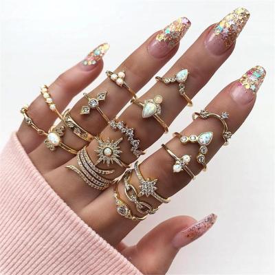 China FASHIONABLE Vintage 12 Pcs Set Crown Water Drops Geometric Stars Ring Set Adjustable Crystal Ring Set for sale