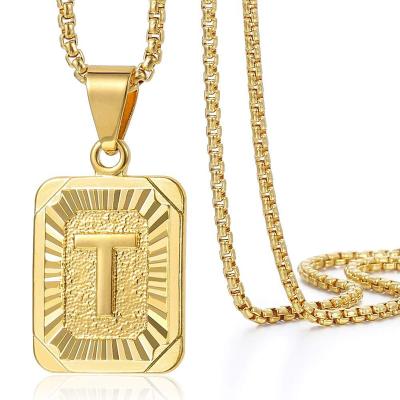 China Vintage A-Z 26 Initials Letter Pendant Necklace For Women Men Gold Square Alphabet Charm Box Link Chain Jewelry for sale