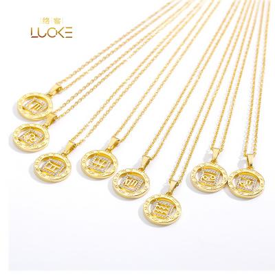 China Custom CLASSIC Round Twelve Zodiac Sign Gold Zircon Birthday Necklace Zodiac Sign Fashion Pendant Necklace for sale