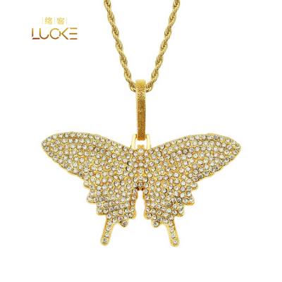 China CLASSIC Butterfly Necklace Hip Hop Women Alloy Gold Zircon Bling CZ Butterfly Pendant Necklace for sale