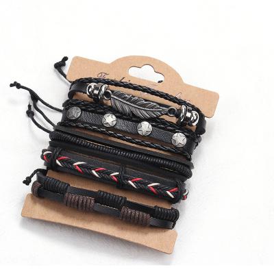 China European and American retro men's CLASSIC leather bracelet of leaf punk multi-layer feather combination bracelet for sale