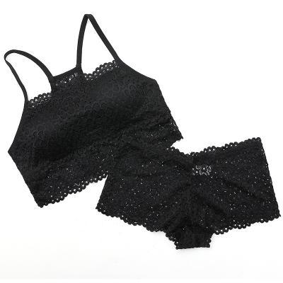 China Hot Selling 2pieces Breathable Set Women Back Fashion Underwear Cross Beauty Lace Up Transparent Breathable Padded Lace Bras Panty Set for sale