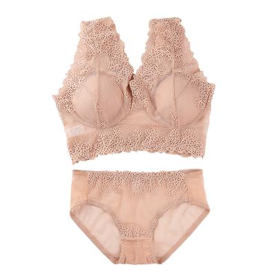 China Wholesale Antibacterial Women Girl Women Deep V Lace Bra And Panties Radio Thin Transparent Underwear Padded Soft Lingerie Bras Set for sale