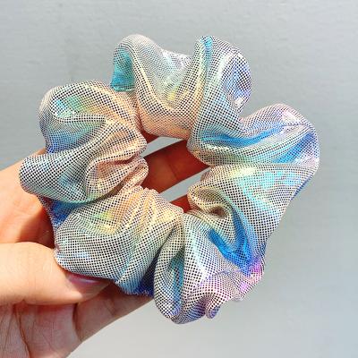 China Fashion 11cm Large Scrunchies Satin Scrunchies Design Hair Tie Laser Fabric Color Bright Hair Band for sale