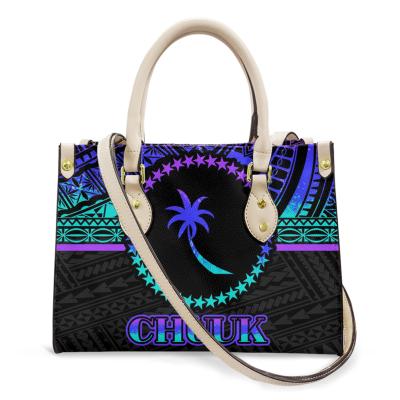 China Fashion Purple Polynesian Chuuk Logo Metal Buckle Large Capacity Ladies Fashion Stylish Creative Custom Leather Purses and Handbags for sale