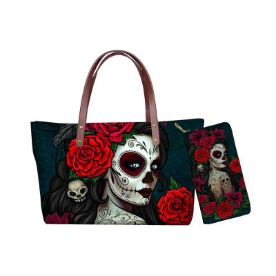 China Rock 2 Pieces Set Handbag Purses For Women 2021 Large Handbags Custom Handbags Women Bags Gothic Sugar Skull Cartoon For Women Cheap for sale