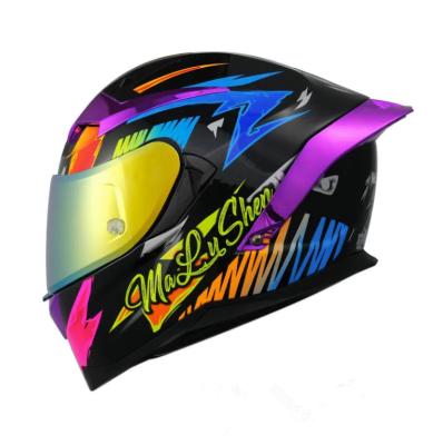 China Wholesale Custom Cool Purple Lens Visor Graffiti Motorcycle ABS Gold Helmet ABS Logo D Shape For Motorcyclist for sale