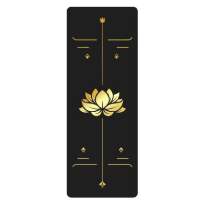 China Exercises Black Print Lotus Nature PU Custom Yoga Rubber Mat Customized Extra Thick Extra Wide Gold Metallic Line For Fitness for sale