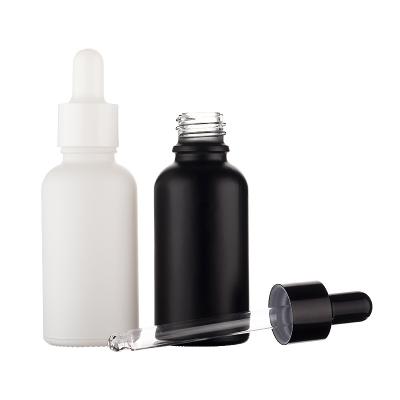 China 1 Ounce Cosmetic Colored White Black Cosmetic Essential Glasses Oil Dropper Glass Bottles Custom Accept Logo for sale