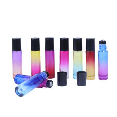 China Refillable 5ml 10ml cosmetic gradient colored luxury perfume bottle with stainless steel roller for sale