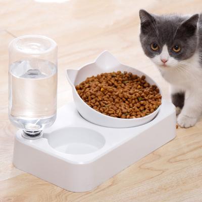 China Hot Selling 2 in1 Automatic Water Dispenser Portable Plastic Water Fountain Cat Feeding Double Bowls Pet Feeders for sale