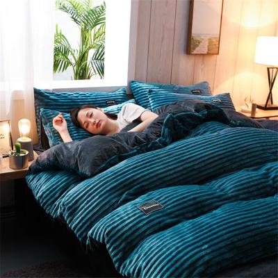 China Disposable Velvet Fleece Bedding Set Stripe Duvet Cover Flat Sheet AB Pillowcase Flannel Side Warm Winter Bed Quilt Set 4pcs/set for sale