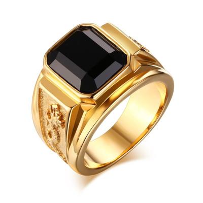 China Trendy Fashion Men's Wedding Ring Stainless Steel Natural Stone Ring With Big Black Agate Ring Jewelry. for sale