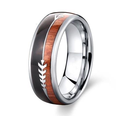 China TRENDY Wedding Rings for Men and Women Silver Wedding Band Nature Koa Arrow Inlay Dome Wood Steel Fashion Jewelry for sale