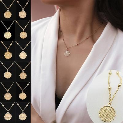 China Cute 12 Zodiacs Style Cut Out Leo Beads Clavicle Chain Necklace Simple Couples Copper Sexy Jewelry Coin Pendant Necklace for sale