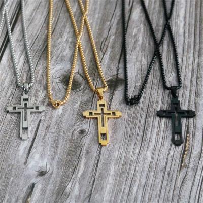 China Hot Selling Punk Titanium Steel Cross Necklace Personality Hip Hop Men And Women Stainless Steel Hollow Cross Pendant Necklace for sale