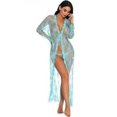 China Vacation Robe Wholesales Lace Up Robes Long Sleeves Lace Up Trim Sleepwear Sheer Solid Color Bathrobes For Women Lace Up Robes for sale