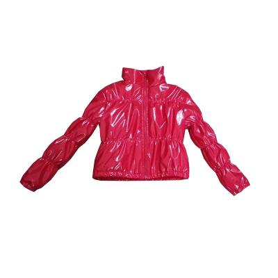 China Waterproof Rose PU Vinyl Leather Shiny Cotton Down Coat Cropped Stripper Jacket Women for sale