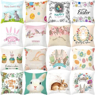 China Bunny Rabbit Egg Print Cotton Festival Pillow Cover Canvas Pillowcase 45*45cm Non-Toxic Happy Easter Sofa Bed Home Decoration Cushion for sale