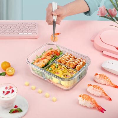 China 3 Fächer Glas-Bento Box Heatable Leakproof Microwavable zu verkaufen