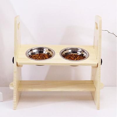 China New Design Stored Food And Water Bowl With Adjustable Stand Wooden Dog Cat Feeder With 2 Bowls Raised Dog Wheels Wooden Pet Feeder Stand for sale