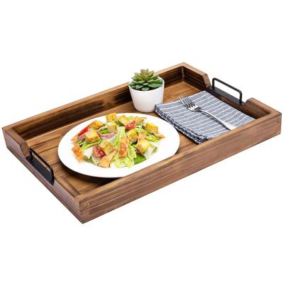 China Hotel Home Restaurant Burnt Wood Serving Tray, Breakfast, Coffee Table and Decorative Ottoman Tray with Modern Black Metal Handles Rustic Wood Tray for sale