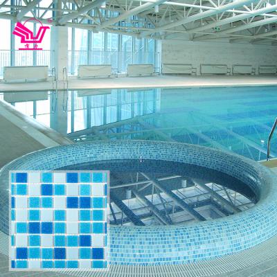 China Modern Pure White Blue Mixed Color Square Mosaic Tile Bathroom Pool Cheap Glass Mosaic for sale