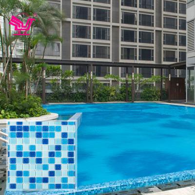 China Modern Blue Mixed Glass Indoor Hot Melt Melting Swimming Pool Mosaic Color Hotel Mosaic Wall Glass Tiles for sale