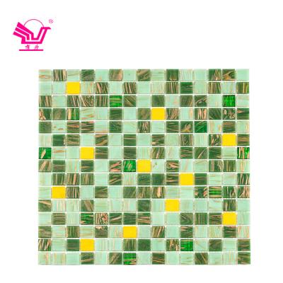 China Modern wall tile kitchen metal glitter mosaic backsplash tiles green gold lines glass mosaic for sale