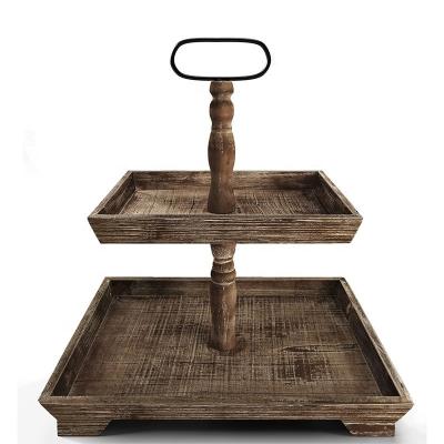 China Customization Farmhouse Wooden 2 Tier Tray Stand for Serving Food Fruits Cupcakes Square Tier at Restaurant Home Cake for sale