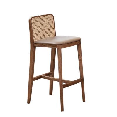 China PU/Fabric Sponge Seat Nordic Upholstered Bar Stool Wood Chair Rattan Chair for Modern Bar for sale