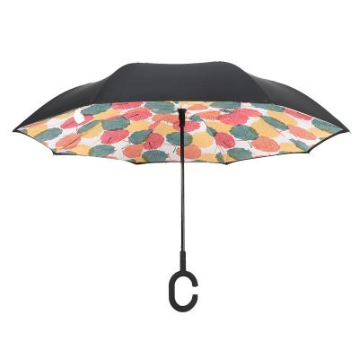 China New Minimalist Custom Printing Creative Hook Self-Holding Double Layer Magic Windproof Car Inverted Reverse C Handle Umbrella for sale