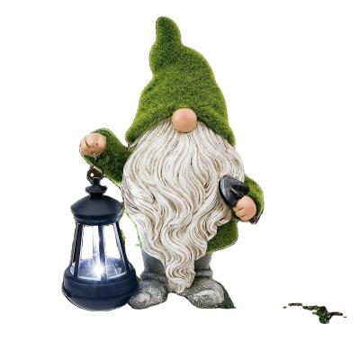 China Europe Flocked Garden Gnome Decorations with Solar Lights, Large Garden Statue and Sculpture with Lantern, Funny Resin Gnome Garden for sale